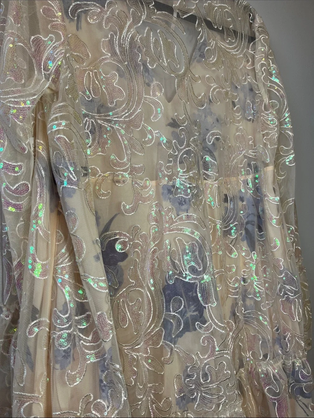 Free People Falling Flowers Flock mesh sequin ivory embroidery vneck dress